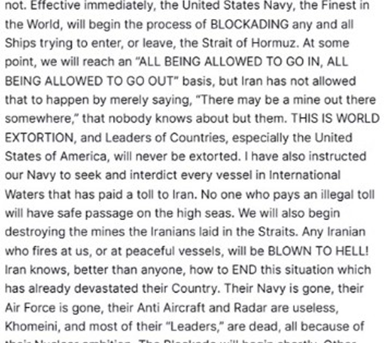 Trump anuncia bloqueio imediato no estreito de Ormuz